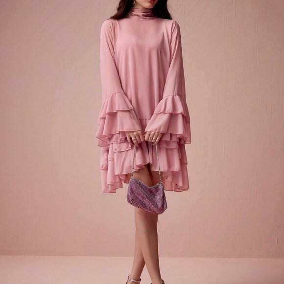 Pink Elegant Women's Ruffle Flared Sleeve Dress - Picture 5 of 7